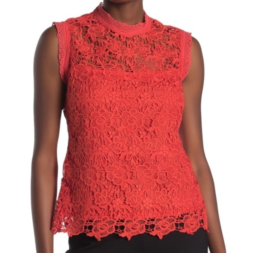 NWOT Nanette Lepore Crochet Lace Sleeveless Top Coral Back Zipper Lined Sz L